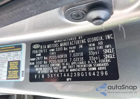 2011 Kia Sorento Lx V6 из США, поврежденный, VIN 5XYKT4A23BG164296